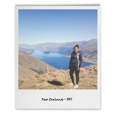 Woman hiking on a polaroid photo in new zealand